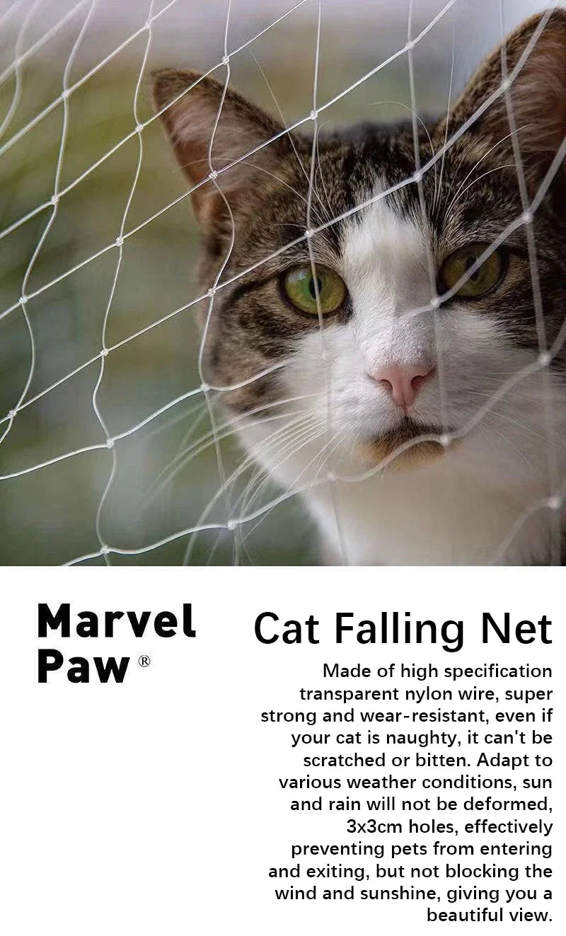 A close-up of a cat looking through a transparent mesh net used as a cat falling net for window safety.