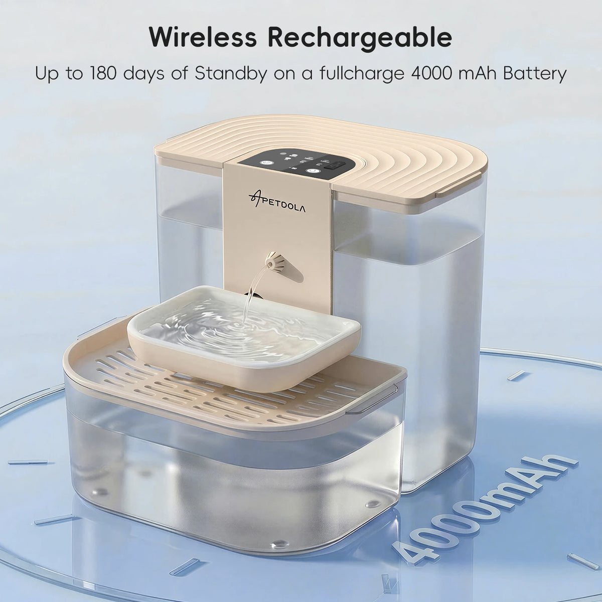 A wireless rechargeable cat water fountain with a large 4000mAh battery and a removable water reservoir.