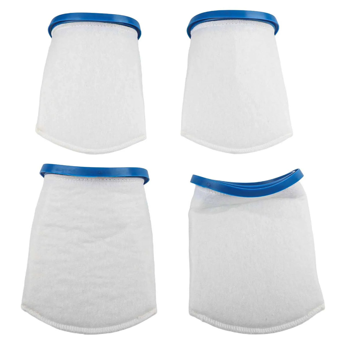 Four white pool filter bags with blue trim for sand and silt removal