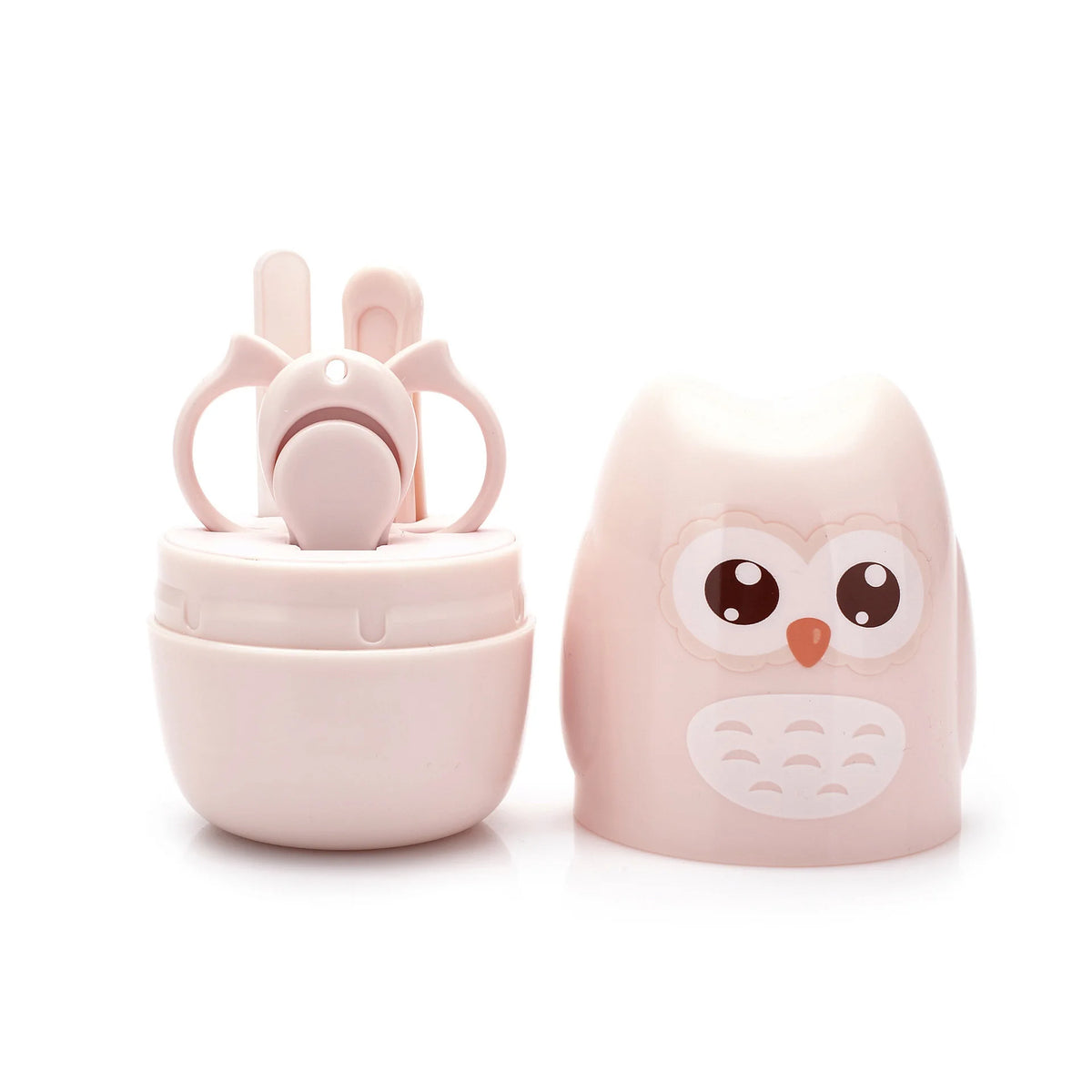 A pink kids portable nail care set featuring a small owl-shaped tool and a larger owl-shaped container.