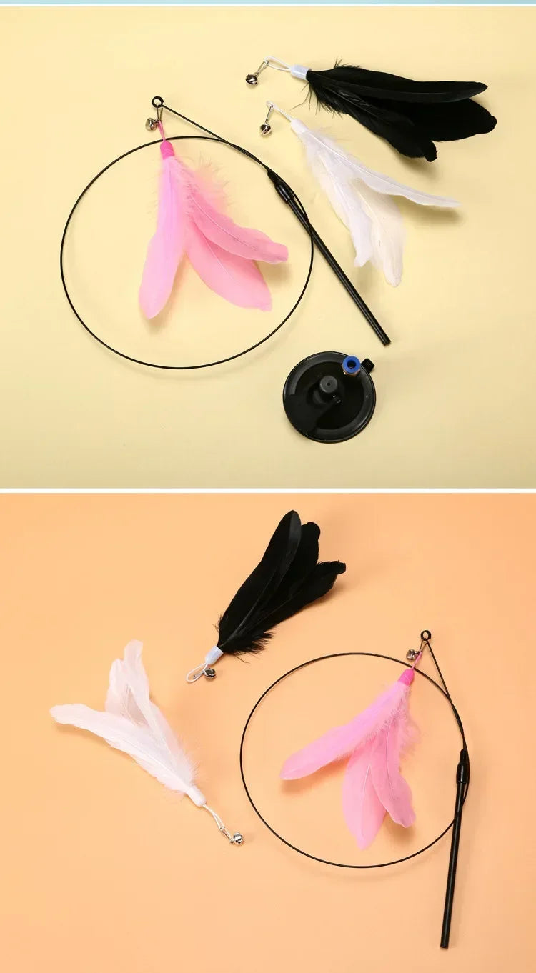 Suction Cup Cat Teaser Wand with Feather Toy and Bell
