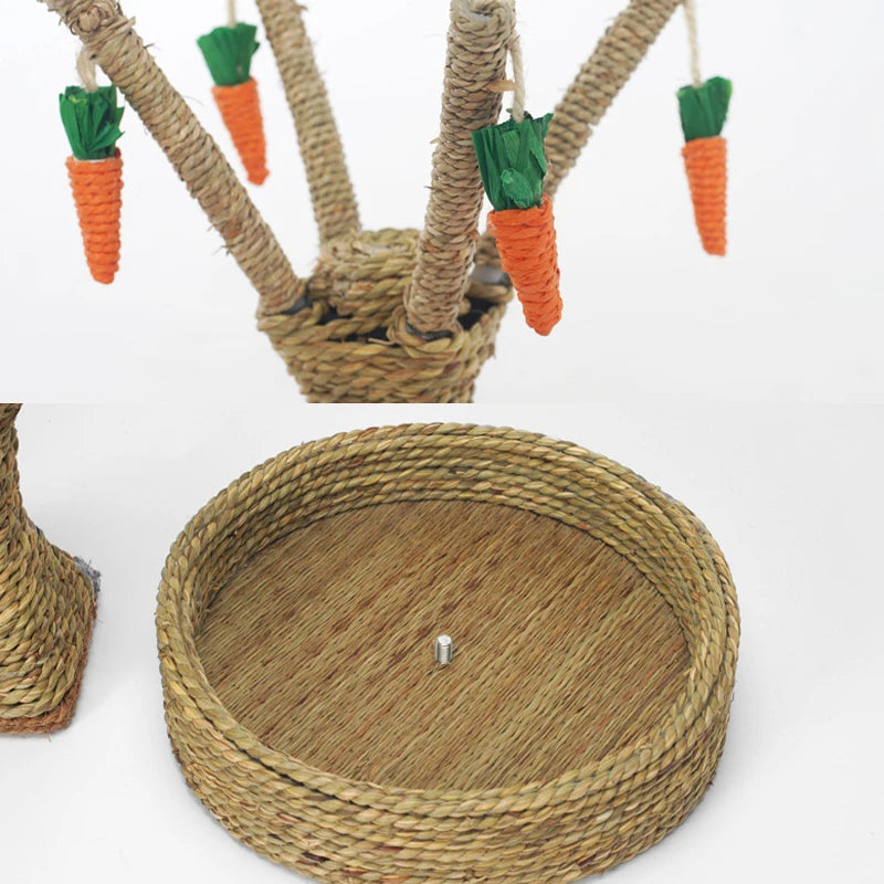 A natural grass carrot tree chew toy for rabbits and small pets with orange carrots hanging from a woven branch.