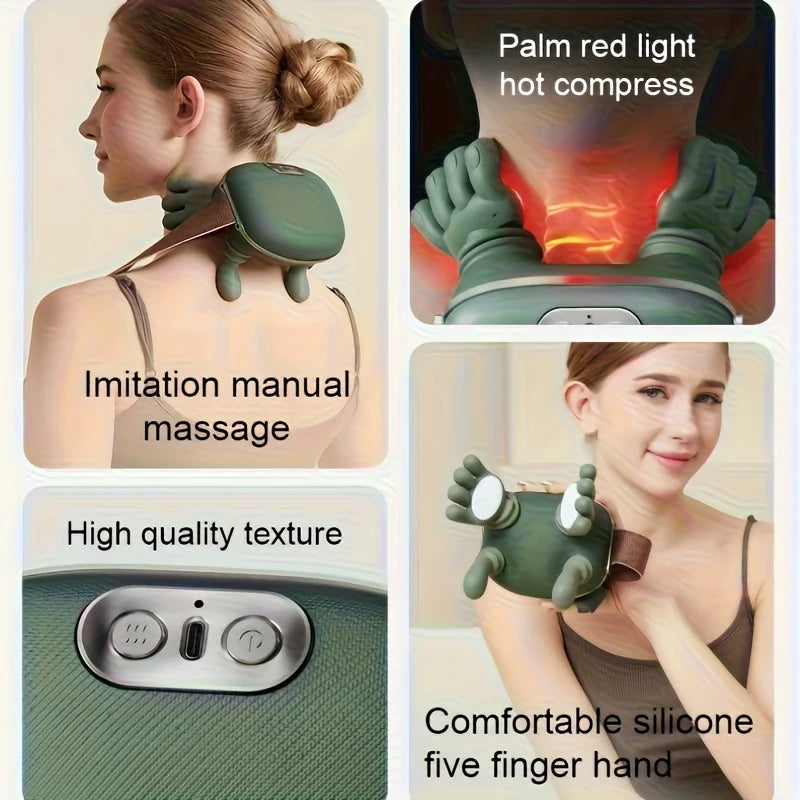 A green silicone massager is shown in various uses including a palm red light hot compress, imitation manual massage, high qu