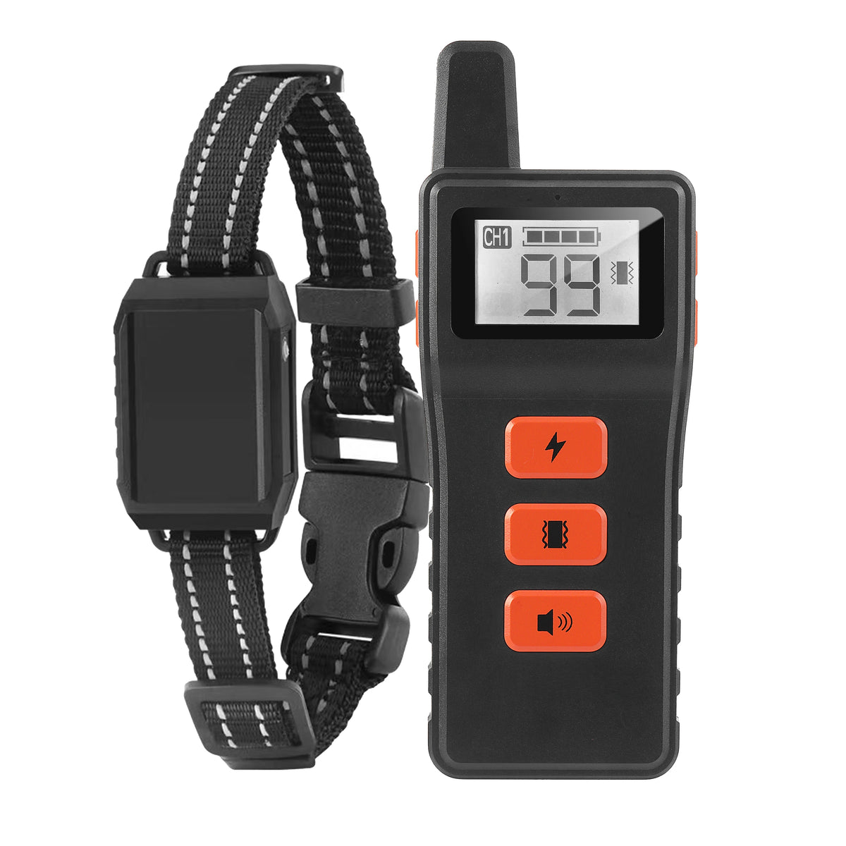 A black rechargeable remote dog training collar with an LCD display and various buttons.