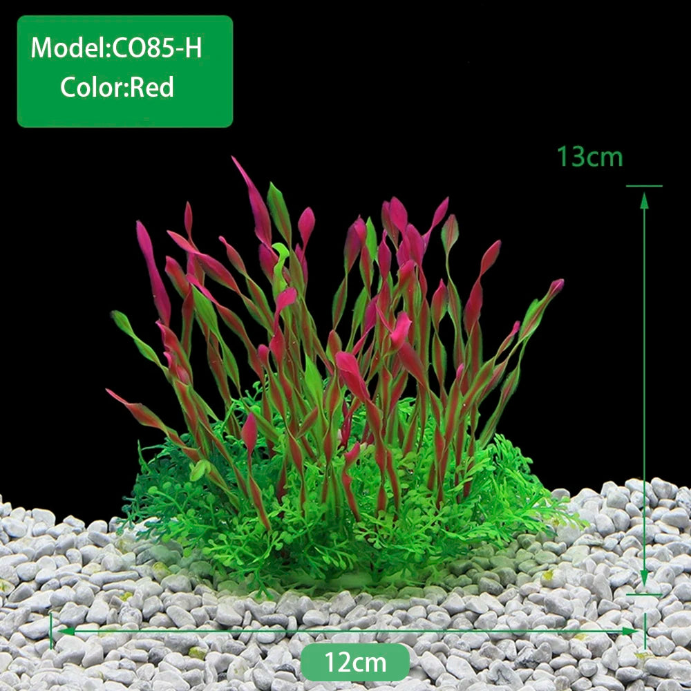 Un touffe de plantes aquatiques artificielles rouges poussant dans un substrat de gravier, avec une hauteur de 13 cm et une l
