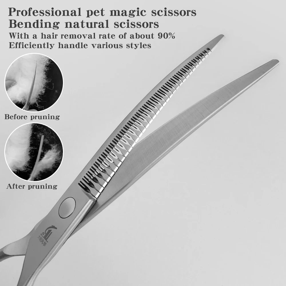 A pair of professional pet magic scissors showing before and after pruning of a hair removal process.