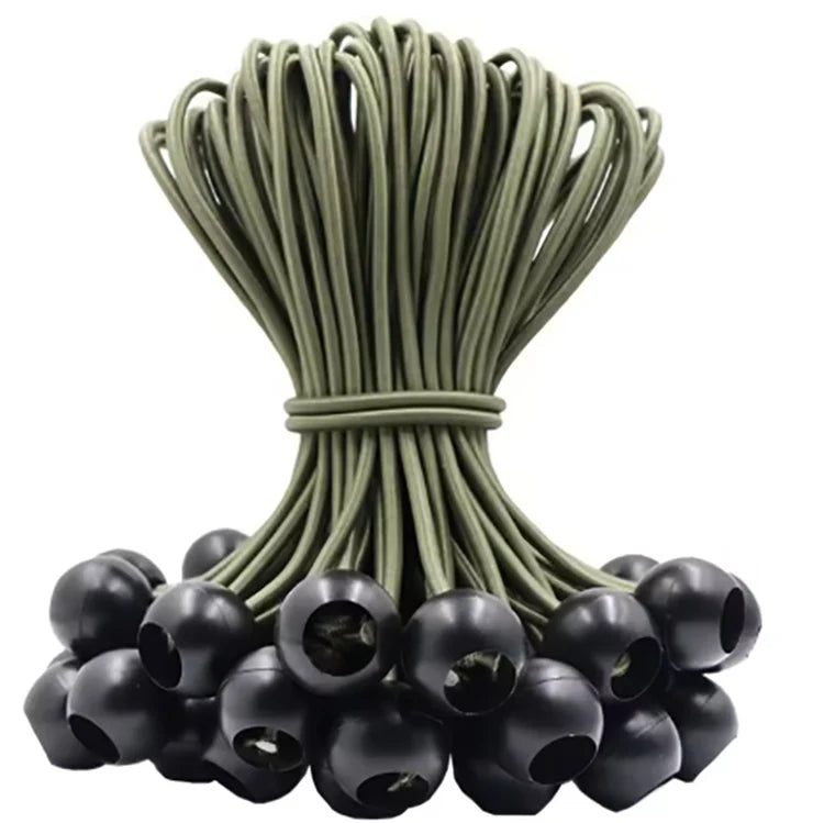 A bundle of heavy duty bungee balls with cords used for tarp, tent, and camping.