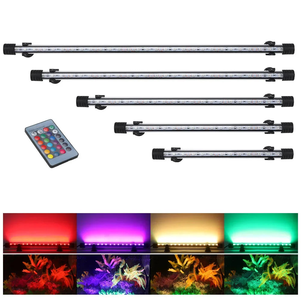 A set of submersible RGB LED aquarium lights and a remote control, shown alongside various colored light effects.