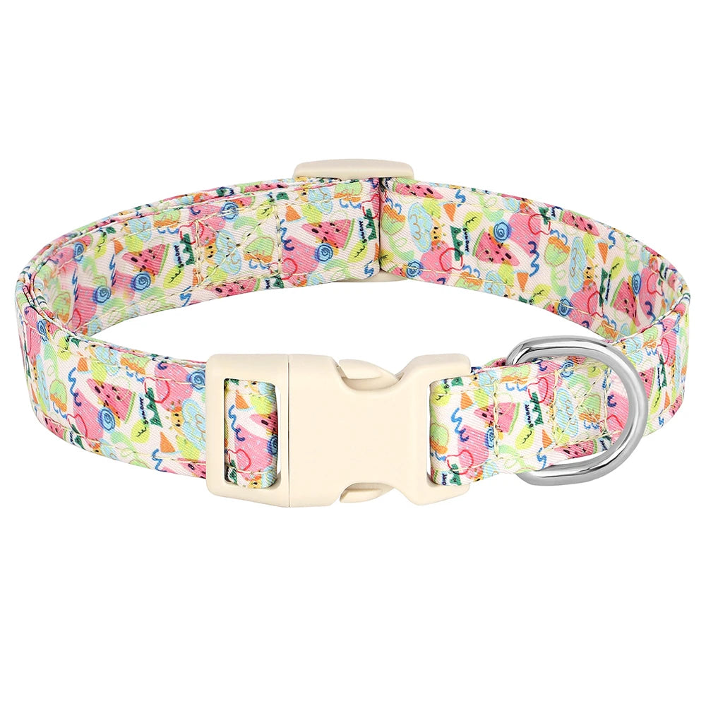 A beige nylon dog collar featuring a vibrant print of bees and flowers.