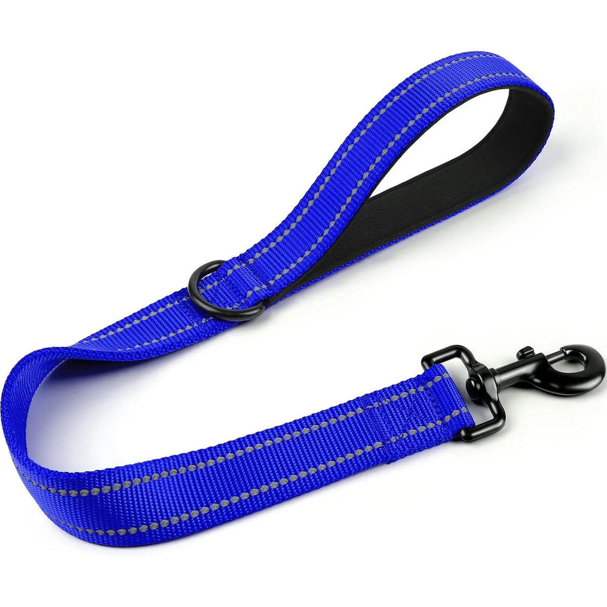 A blue heavy-duty short dog leash with a padded handle and reflective threads.