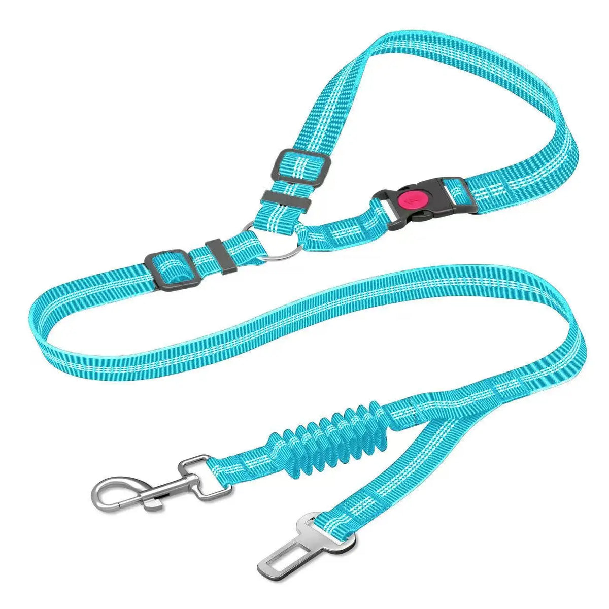 A bright blue nylon dog seat belt with a buckle and adjustable strap for car safety.