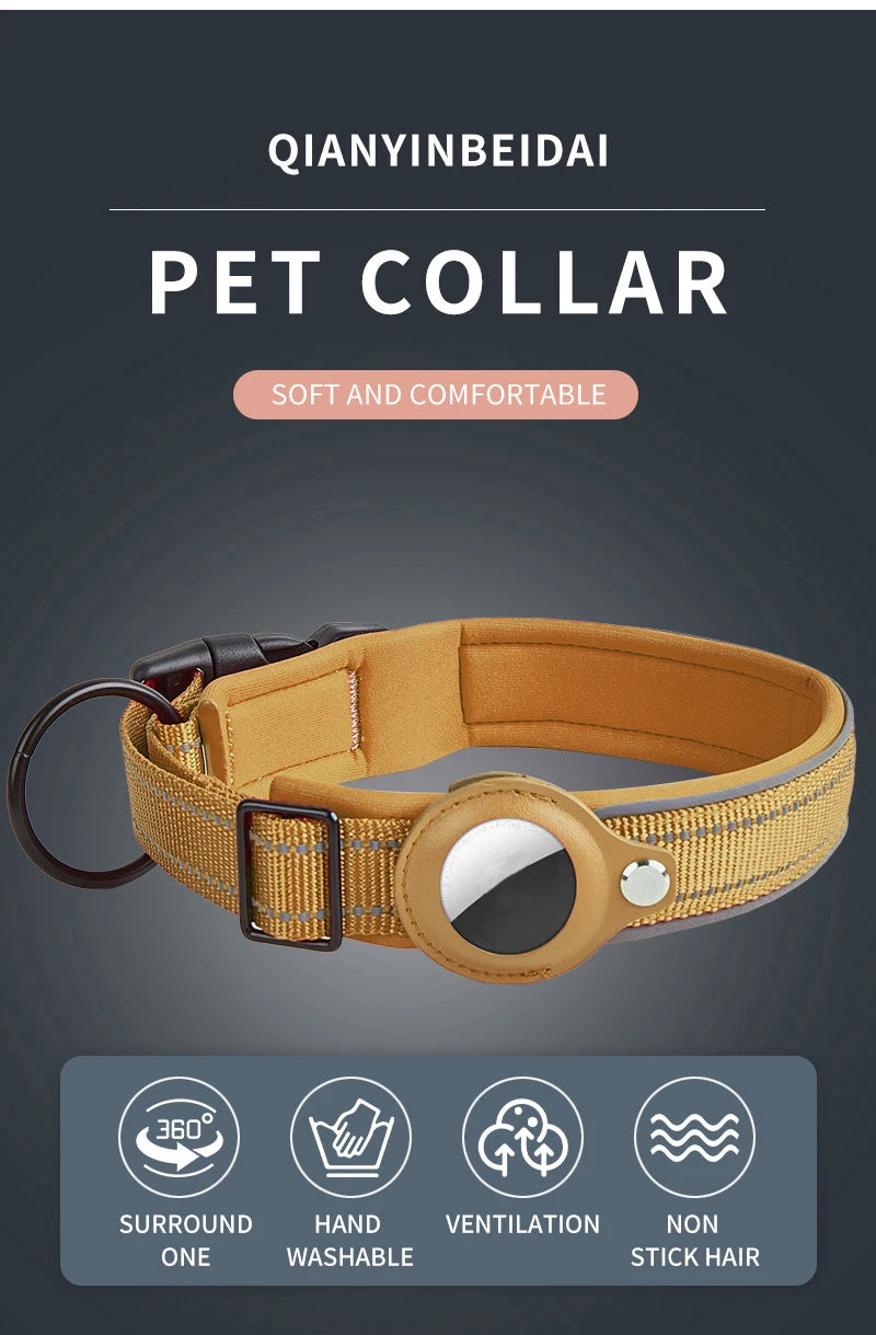 A tan pet collar with a reflective tag and buckle, shown against a dark background.