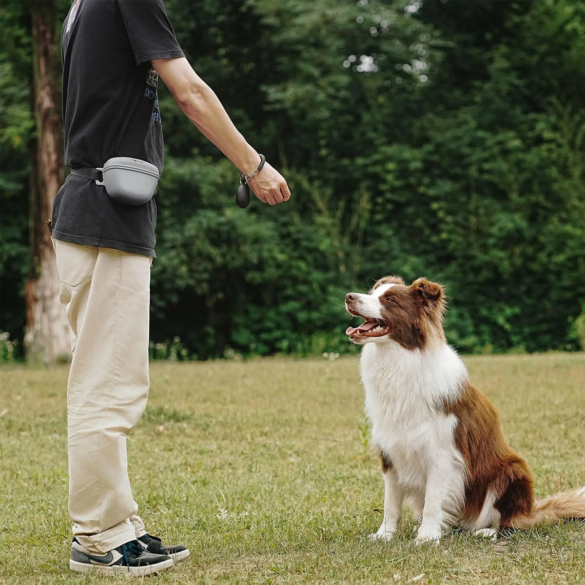 A person is holding a silicone dog treat pouch with a magnetic closure and waist belt in an outdoor grassy area.