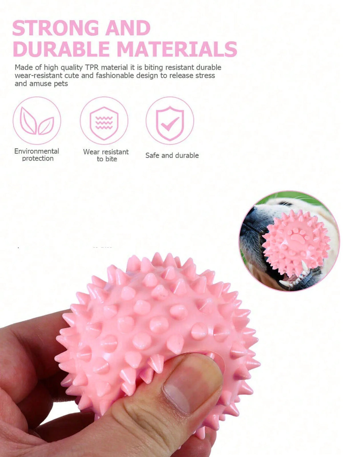 A pink, spiky rubber ball is held in a person's hand.
