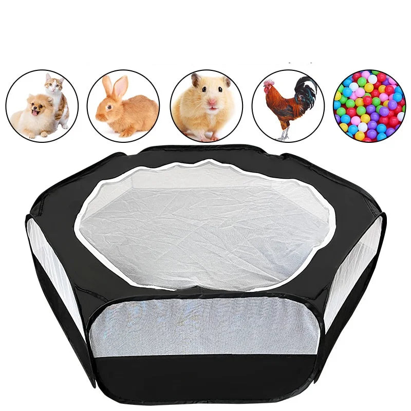 Tente portable noire pour jeu avec animaux de compagnie, avec plusieurs petits animaux visibles à l'ouverture.