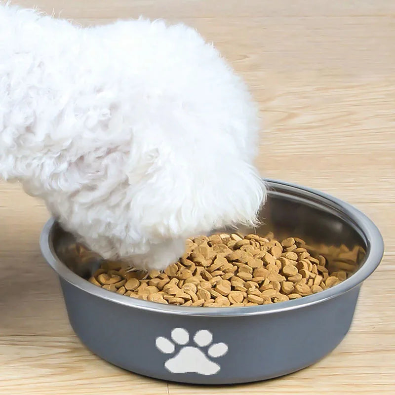 A fluffy white pet toy is placed above a stainless steel pet bowl with a non-slip silicone base filled with dry pet food.