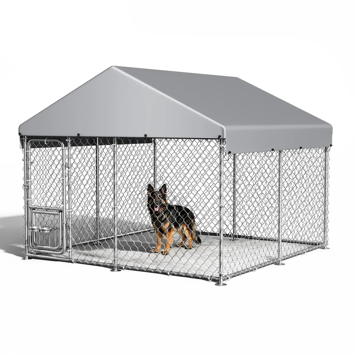 A galvanized wire dog kennel with a gray waterproof cover and a feeding door, shown from the side.
