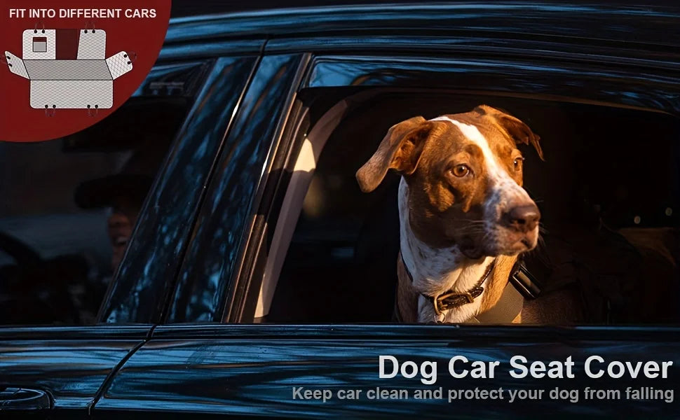 A dog is sitting in a car with a seat cover installed, demonstrating the waterproof dog car seat cover.