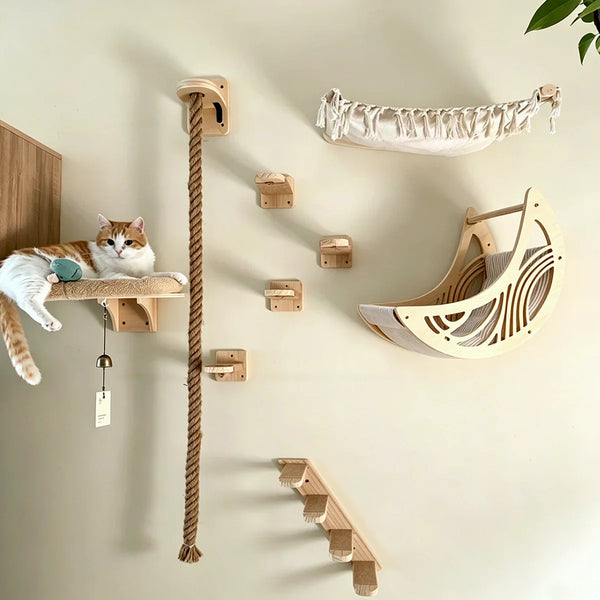 A wooden wall-mounted cat climbing shelf system with various natural wood pieces and a cat resting on one of the shelves.
