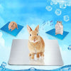 A fluffy orange rabbit is standing on a silver aluminum cooling plate with a wire attached.