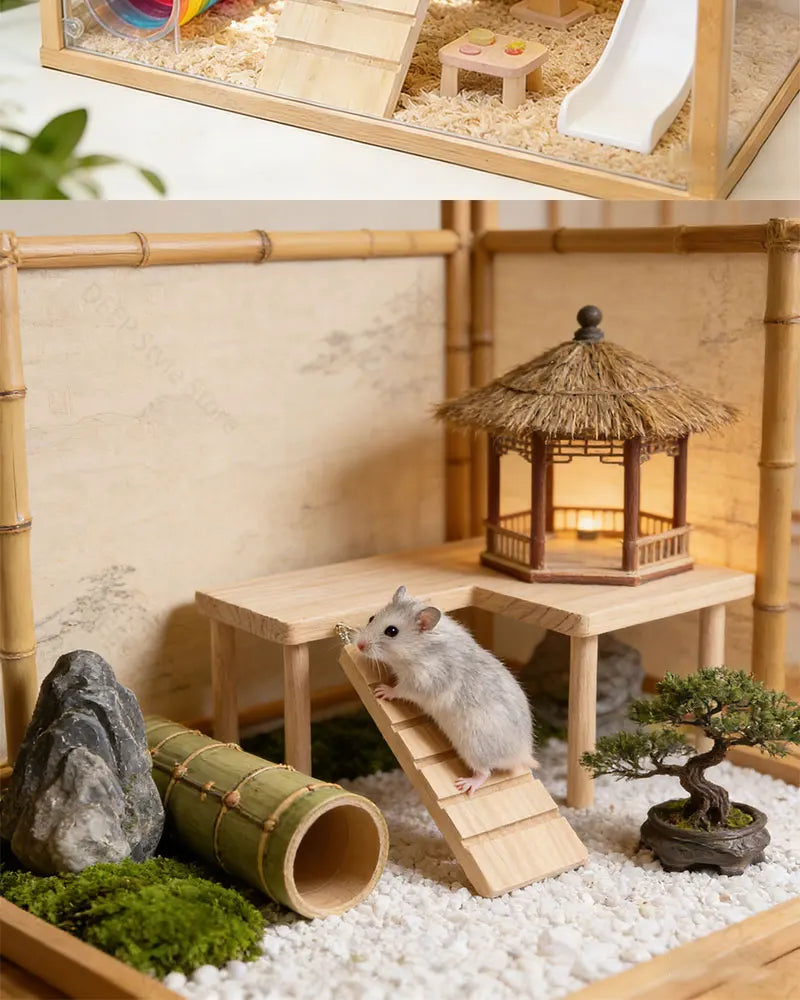 L-Shaped Wooden Hamster Platform with Stairs