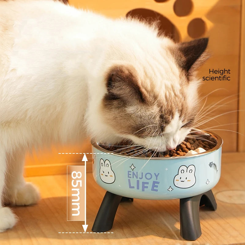 A white cat is eating from an elevated stainless steel pet food bowl with a stand.