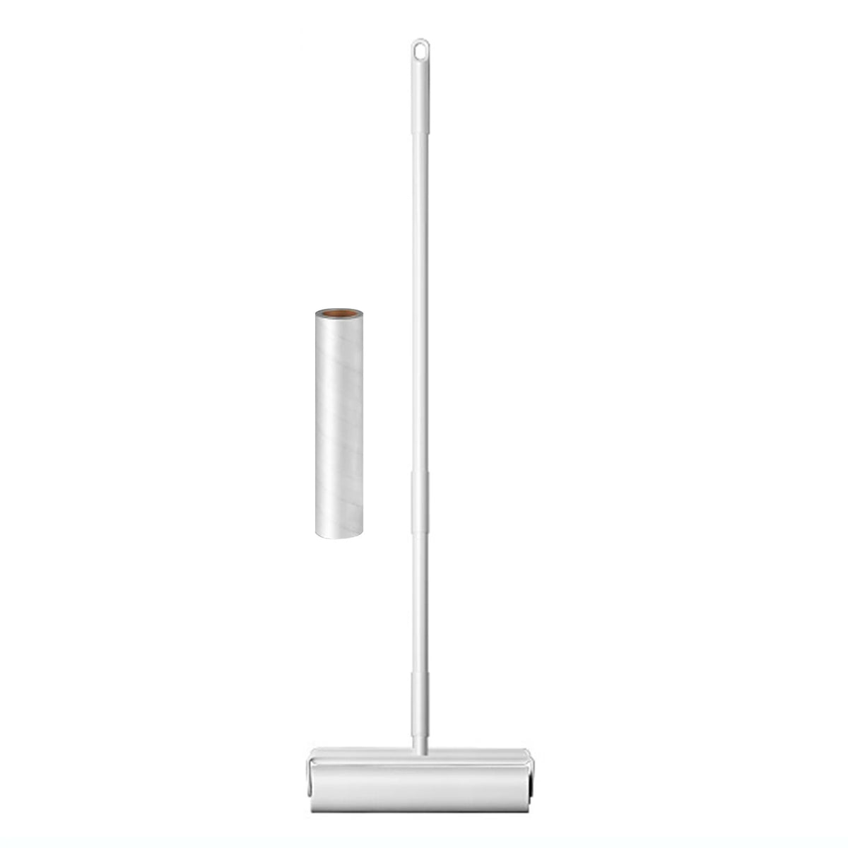 A silver lint roller with a long extendable handle and a cylindrical roll.