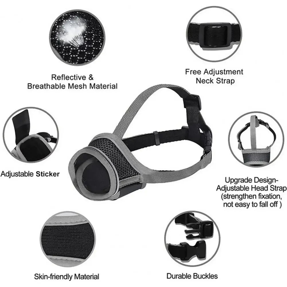 Various components of a breathable adjustable dog muzzle including a reflective mesh material, neck strap, sticker, and durab