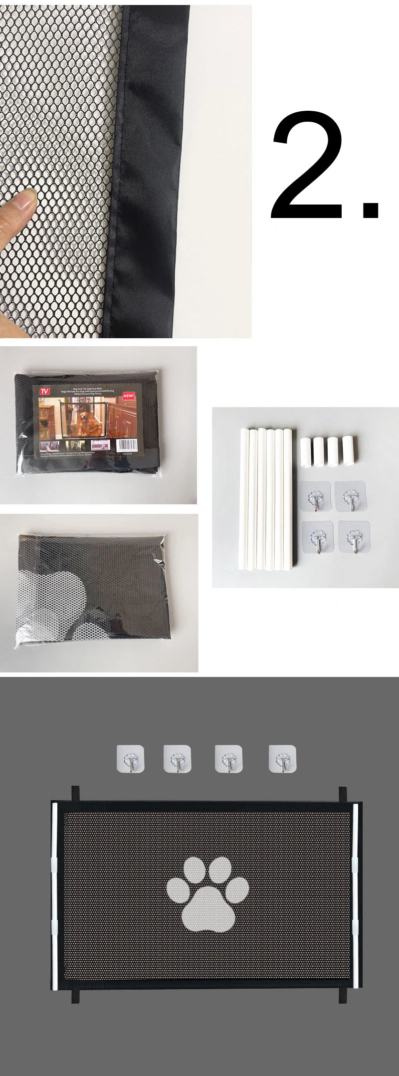 A portable folding pet safety gate with a breathable mesh, shown in various forms and assembled on a gray background.