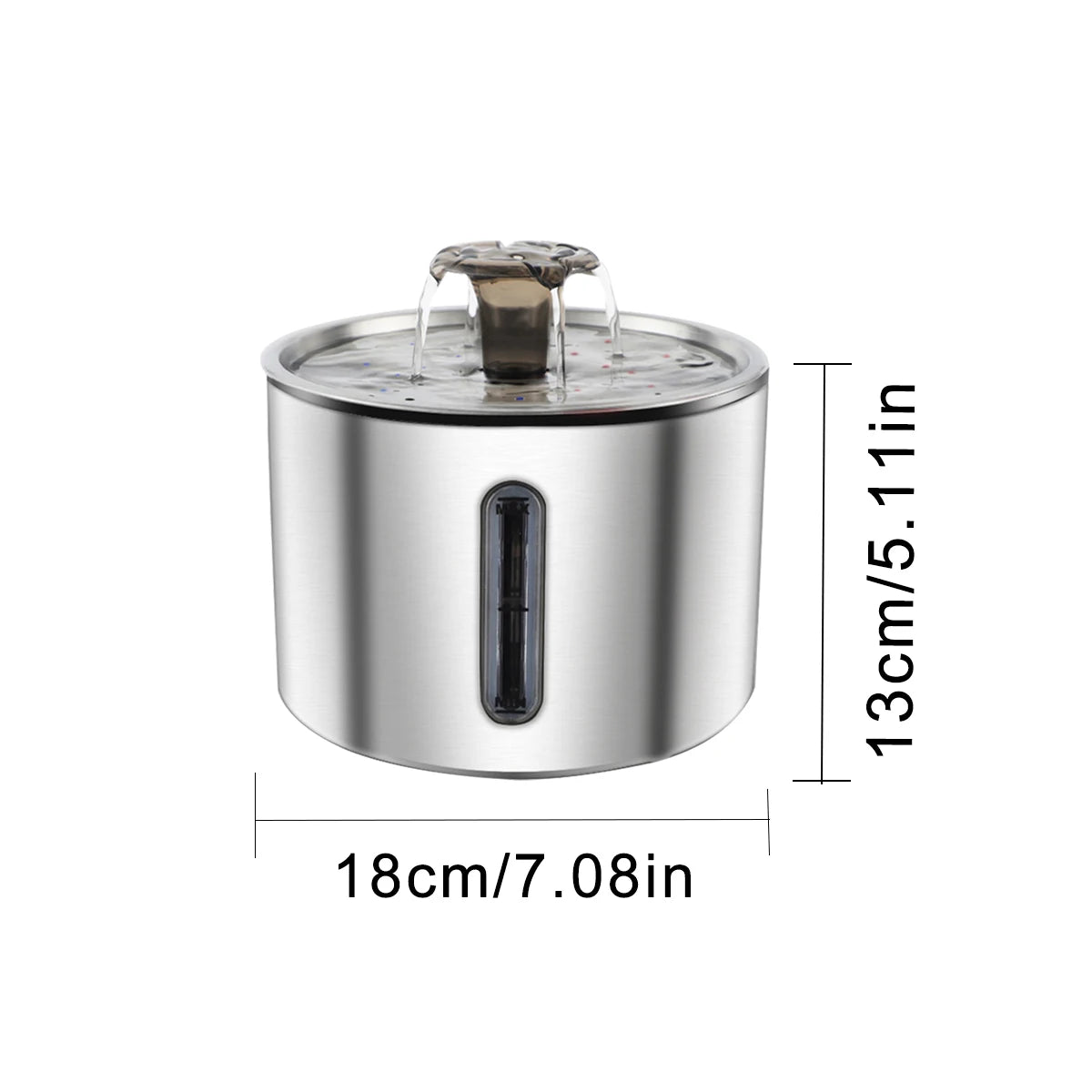 Stainless steel automatic pet water fountain with a clear top and a vertical dispenser.