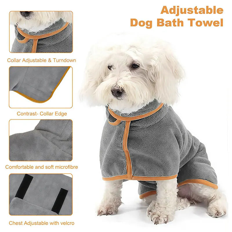 A gray dog bath towel with an adjustable collar and chest velcro, shown on a white dog.