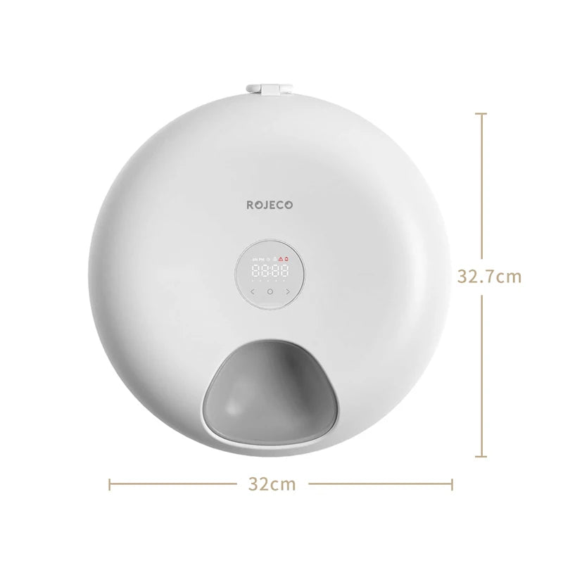 Distributeur automatique pour animaux ROJECO blanc avec couvercle et compartiment à nourriture.