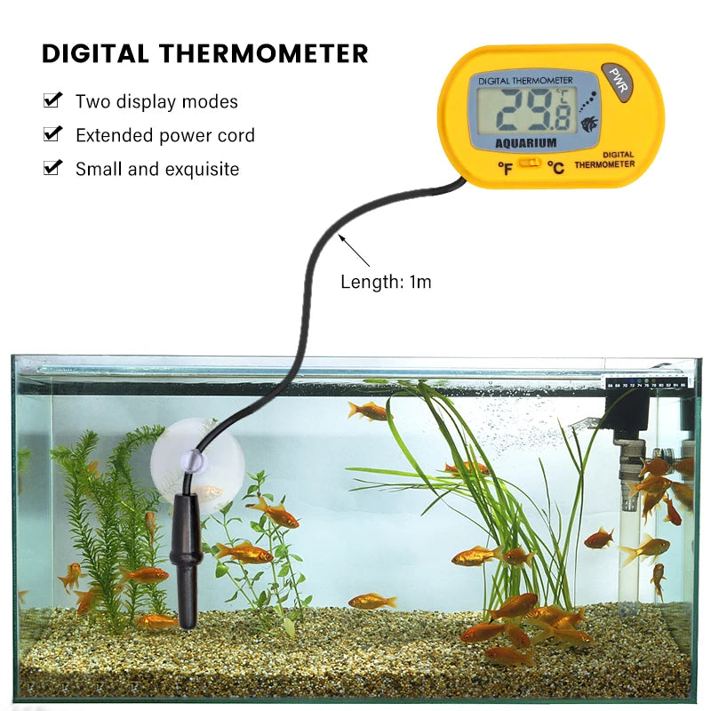 Gelotimeses digitales Thermometer mit 1m Kabel über einer Wasserpflanze und einem Fisch in einem Aquarium.