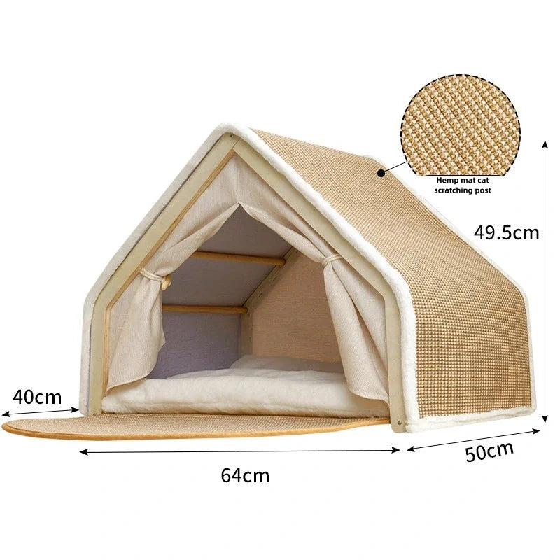 A light beige wooden cat nest with a semi-enclosed bed and a hemp mat scratching post.