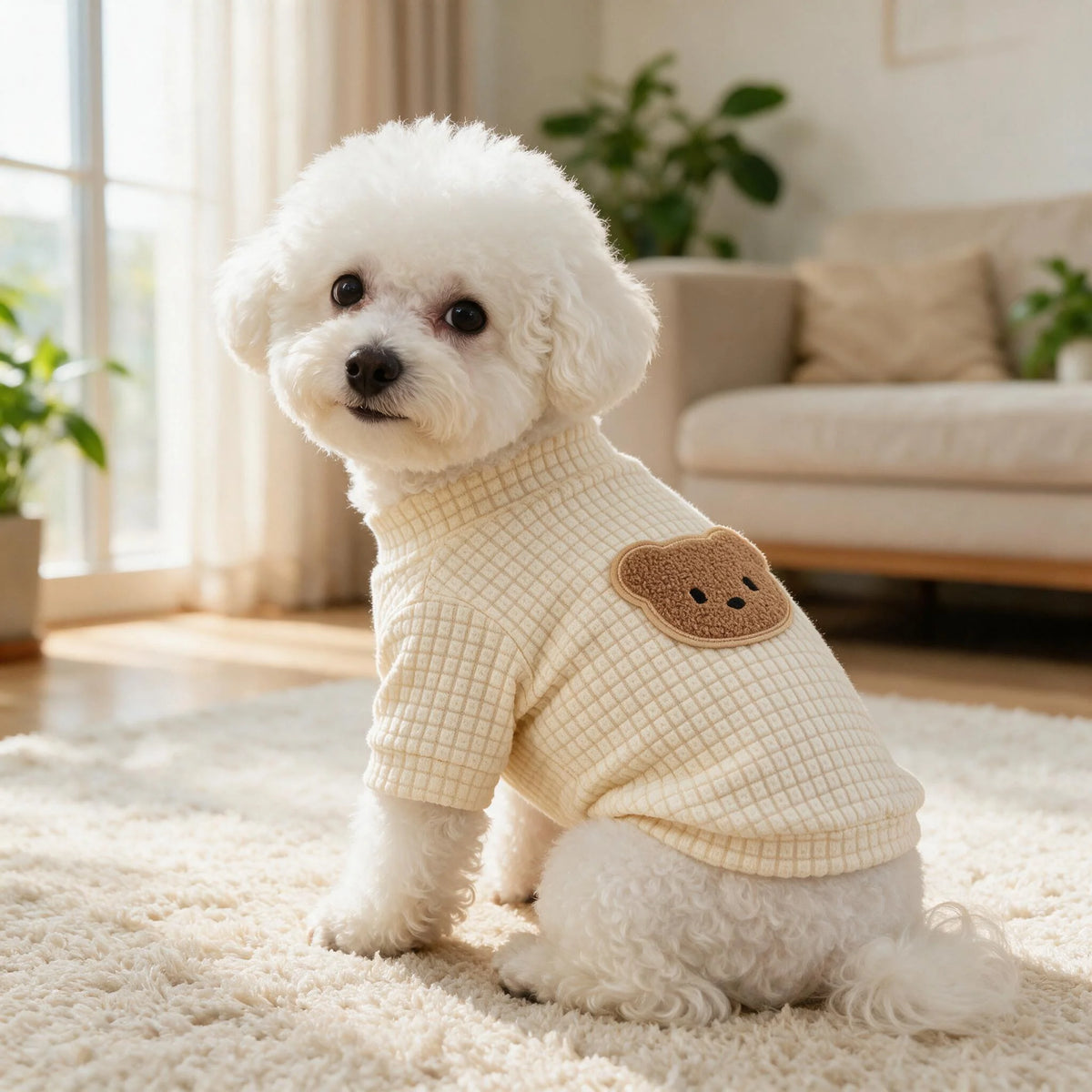 A fluffy white dog wearing a yellow waffle knit shirt with a brown bear embroidery, sitting on a light rug.