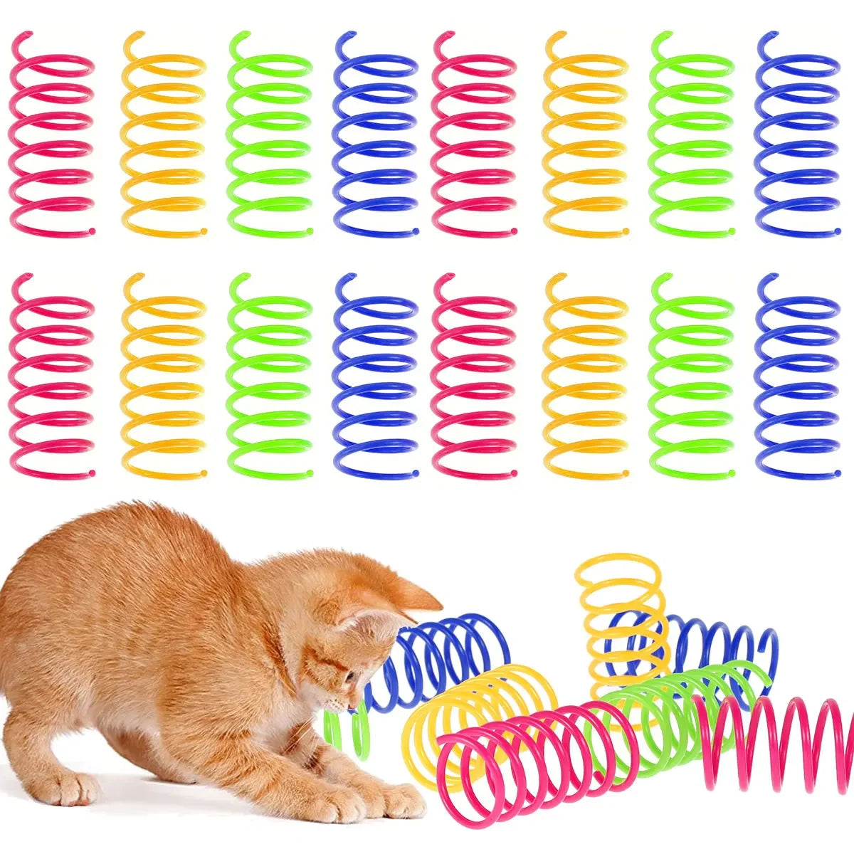 A collection of colorful durable cat spring toys in various colors and shapes for interactive play.