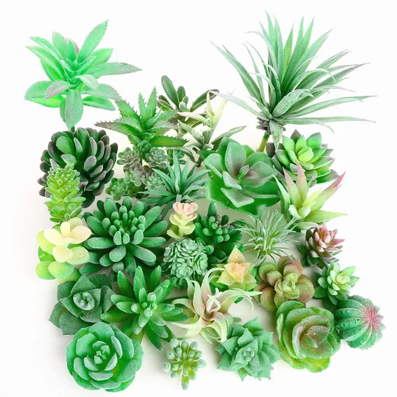 A collection of green flocked artificial succulent plants in various shapes and sizes for home decor