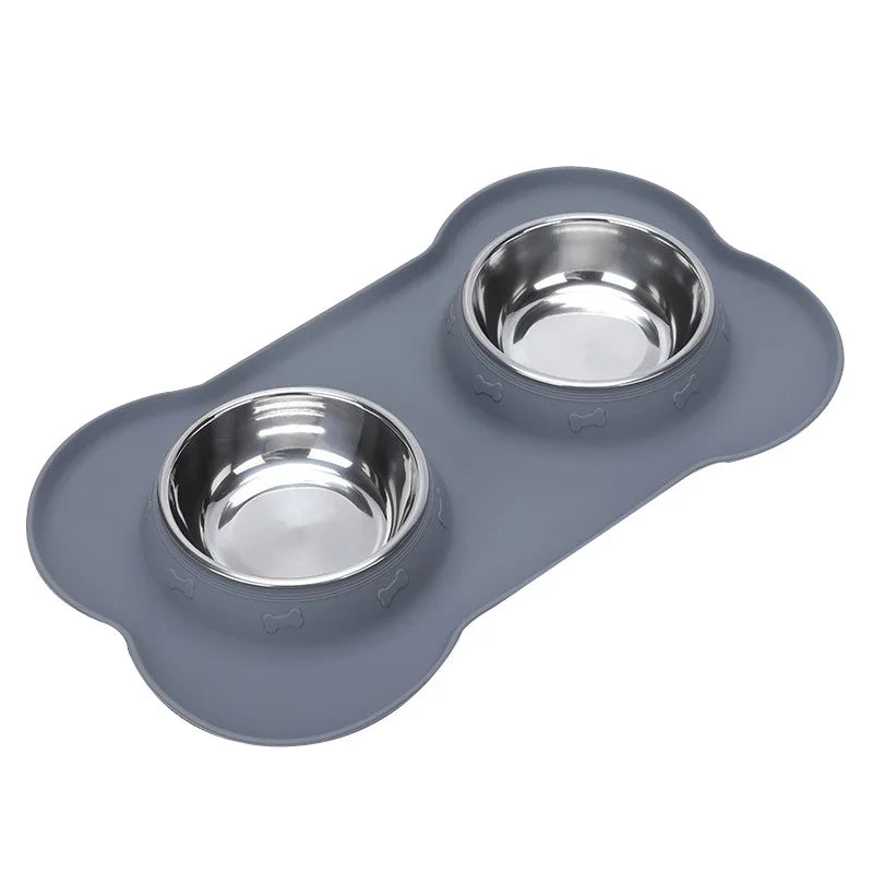 Graue Silikon-Haustier-Schale mit Edelstahl-Finish und verschluckerfreiem Boden.