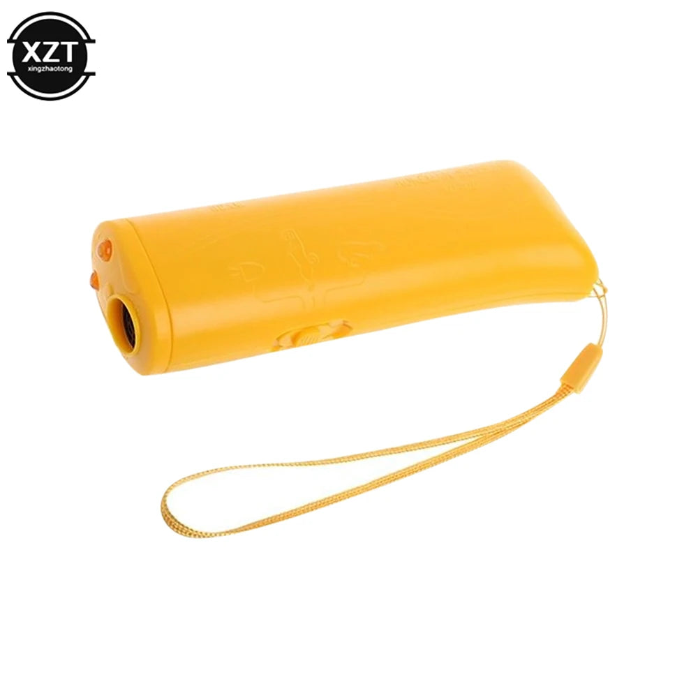Yellow ultrasonic dog training device with an LED light and a thin strap.