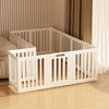 A white indoor pet playpen with a double suction cup mount is shown in a room setting.