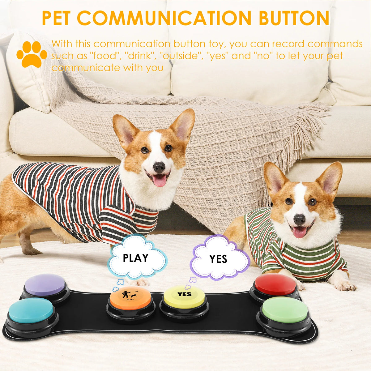 A dog is interacting with a black non-slip mat featuring various communication buttons like play, yes, and no for pet trainin