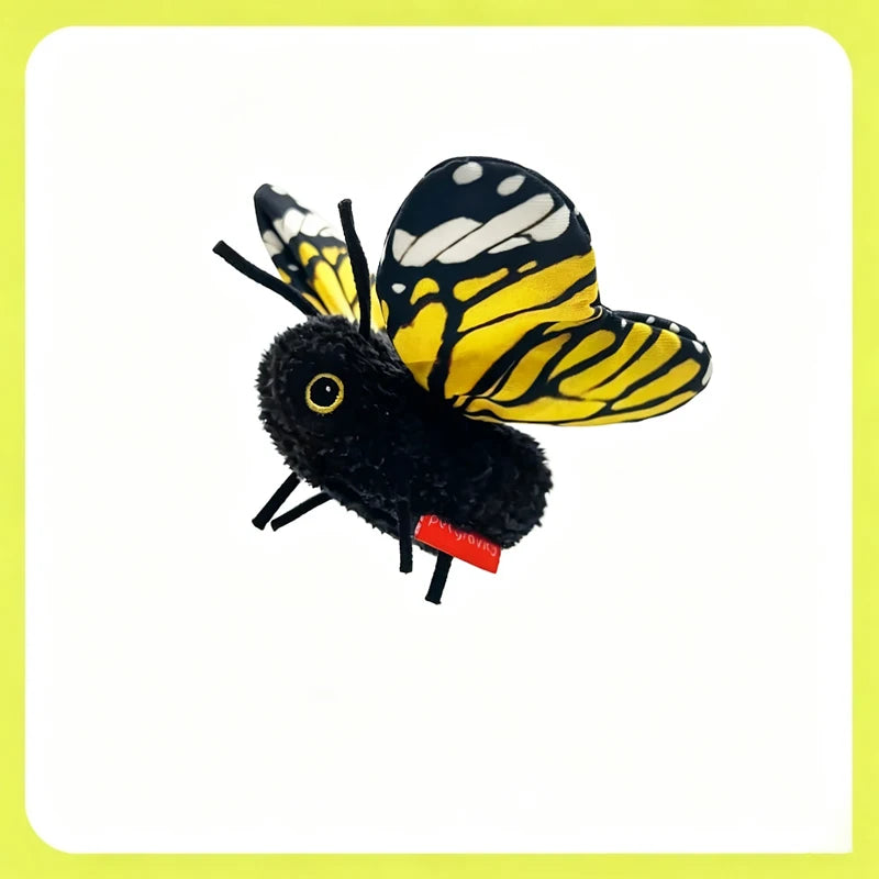 A black and yellow automatic butterfly cat teaser toy with a rechargeable battery.