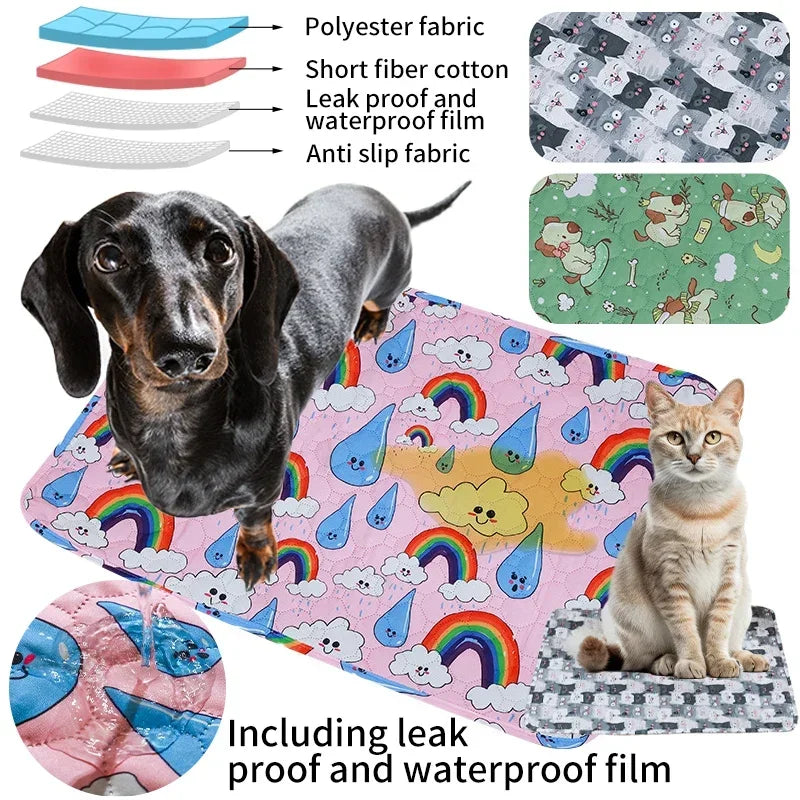 A pink pet training mat featuring various fabric types and leak proof film for dogs and cats.