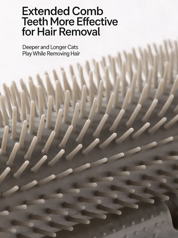 Close-up of a light-colored cat self-grooming massage comb with corner mount bristles.
