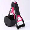 A black and pink foldable pet poop scooper with a handle and container is shown on a white surface.