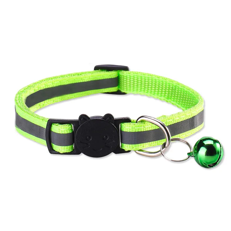 A bright neon yellow and black reflective nylon pet collar with a black bear charm and silver bell.