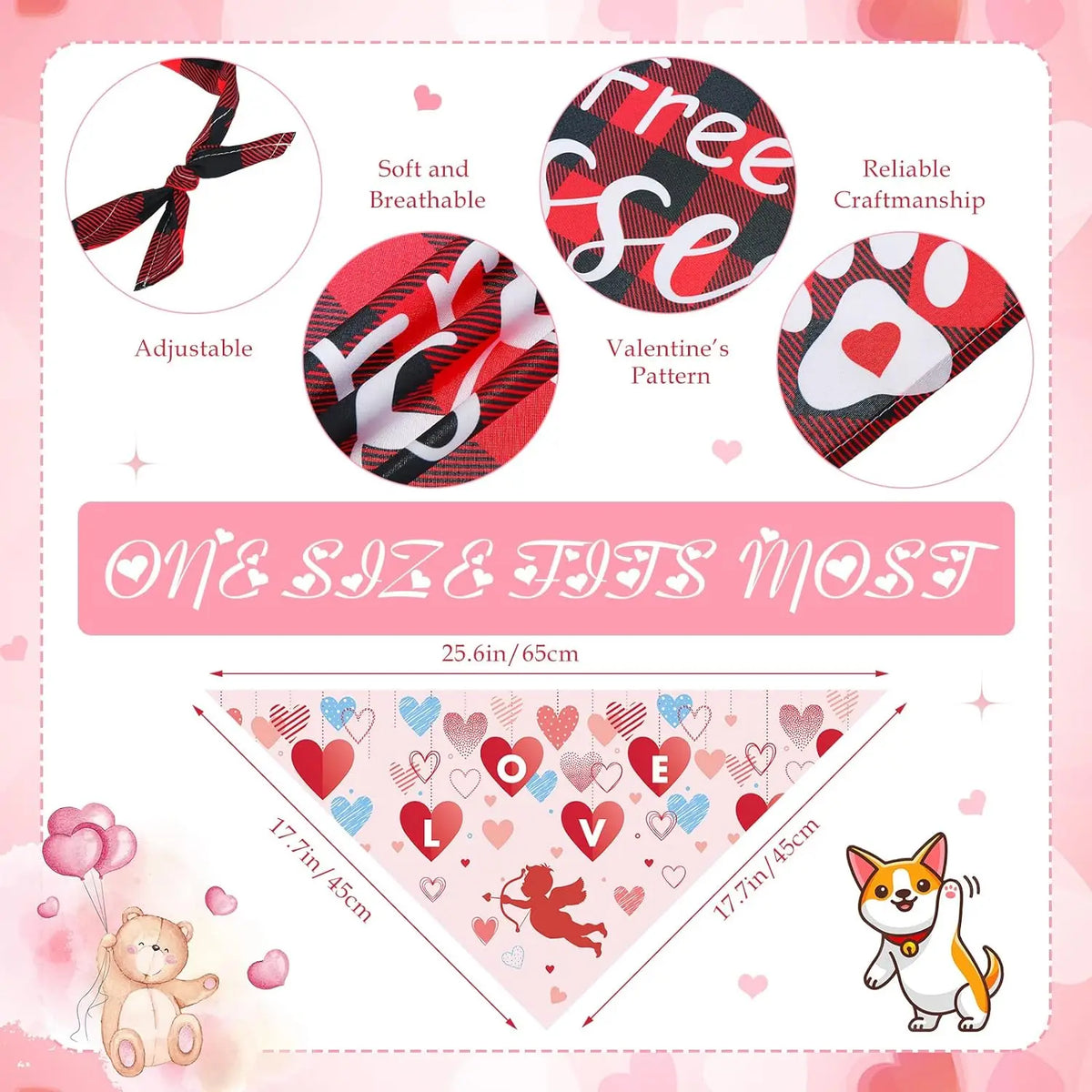 Valentine's Day Dog Bandanas – Heart & Floral Pattern Pet Scarf (Pack of 30)
