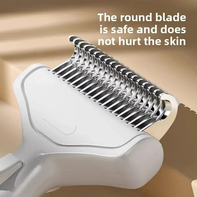 A close-up of a white pet grooming brush with a round blade, demonstrating its use for detangling pets.