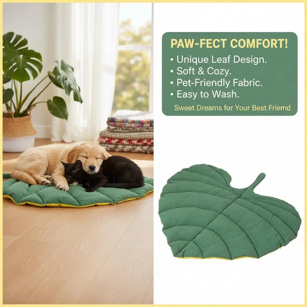 A green leaf-shaped pet mat is shown on a light wooden floor next to a golden retriever and a black cat.