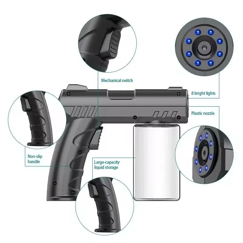 A portable USB rechargeable nano hairspray steam gun shown with various components including the main body, nozzle, and light